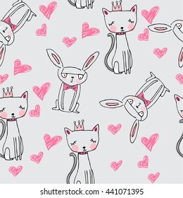 cats and bunny with pink hearts pattern vector illustration 