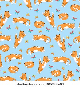 Cats and butterflies seamless pattern in flat style, vector background with animals, cat in different poses pattern.