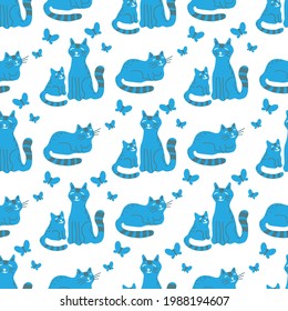 Cats and butterflies in white background. Vector illustration. Flat design elements for fabric, banner, wallpaper, gift wrap.