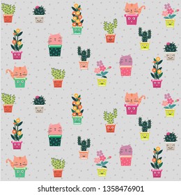 cats and cactus with pot polka dot cartoon animal character flower