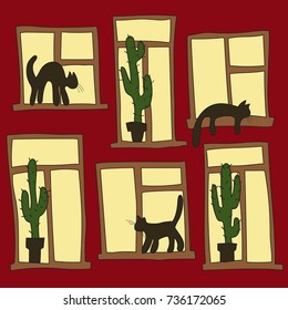 Cats and cactus. Vector illustration
