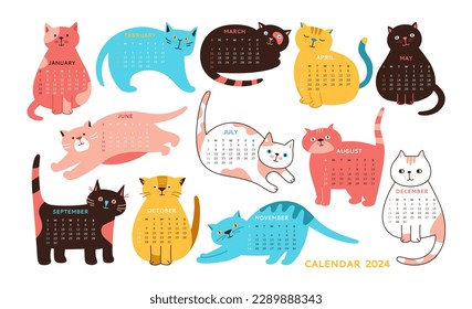 Cats with Calendar 2023 template set. Monthly calendar cute kitty pets cartoon flat collection. Funny doodle drawn cats animal with different poses and emotions. Trendy isolated event planner vector