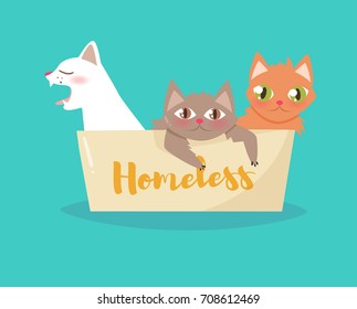 Cats in a cardboard box. Vector. Cartoon. Isolated art on white background. Flat