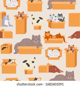 Cats in cardboard transportation boxes cartoon seamless pattern vector illustration. Cute kittens and cats looking out of box background for domestic animals petshop.