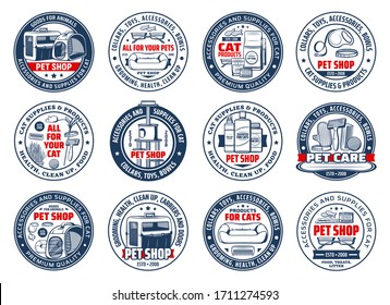 Los gatos cuidan iconos vectoriales aislados. Accesorios y suministros para mascotas, productos para animales carteles redondos. Comida, bolso portador, juguetes, collares y cuencos, crianza y atención médica para gatos, juegos de artículos para la tienda de zoológicos