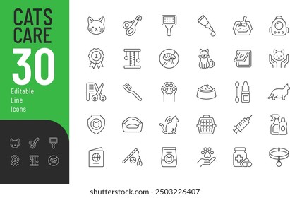 Conjunto de iconos editables de línea de cuidado de gatos. Ilustración vectorial en estilo de línea delgada moderna de mascotas que mantienen iconos relacionados: accesorios, juguetes, productos de higiene, alimentos y más. Pictogramas e infografías