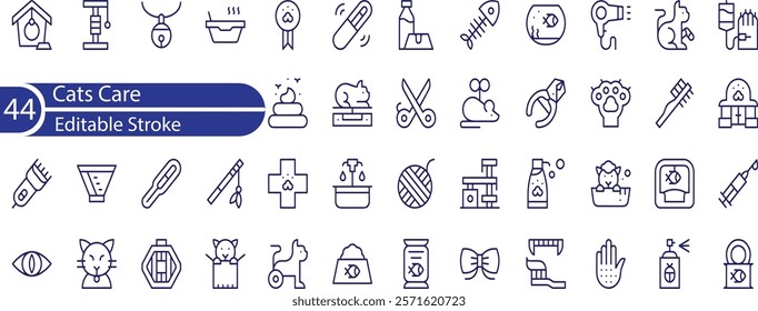 Cats Care Line Editable Icons set. Vector illustration in modern thin line style of pets keeping related icons: accessories, toys, hygiene products, food, and more. Pictograms and infographics