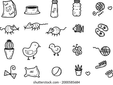 Los gatos cuidan y juegan los iconos. Ilustración vectorial dibujada a mano para la decoración y el diseño.
