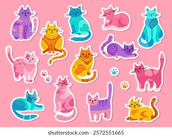 Cats cartoon childish sticker set. Hand drawn kitten with ornament. Modern funny pet animal design for kids scrapbook. Colorful cats in different poses. Mammal drawing character vector illustration