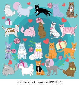 cats cartoon collection set cartoon animal and pretty fun play feline sitting mammal domestic kitty vector illustration.
