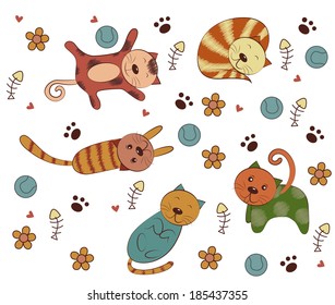 Cats Cartoon Collections Hand Drawn Style, Funny Doodles Vector Illustration with Beautiful Flowers Can be use for logo, Invitation and Greeting Card, Poster, Postcard, Fashion Design, t-shirt.