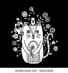 Cats Cartoon Collections Hand Drawn Style, Funny Doodles Vector Illustration with Beautiful Flowers Can be use for logo, Invitation and Greeting Card, Poster, Postcard, Fashion Design, t-shirt.