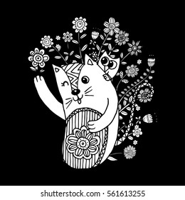 Cats Cartoon Collections Hand Drawn Style, Funny Doodles Vector Illustration with Beautiful Flowers Can be use for logo, Invitation and Greeting Card, Poster, Postcard, Fashion Design, t-shirt.