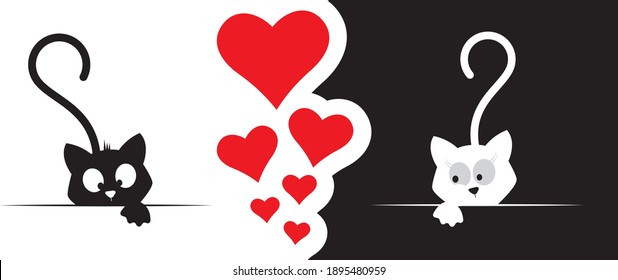 Cats cartoon illustration, vector. Black and white cats silhouettes isolated. Concept contrast. Wall art, artwork. Minimalist poster design. Hearts illustration