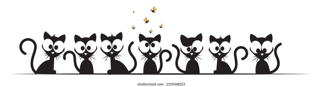 Cats cartoon illustrations isolated on white background. Funny cats silhouettes on wire. Childish wall decals. Wall art design