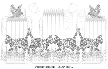 cats cartoon ,kawaii coloring page for kids and adult. with birds in jungle hill.