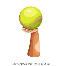 Cats cartoon paw holding ball for tennis. Funny animal companion catching green round ball with foot. Sport and hobby, team competition mascot, cartoon pet tennis player training vector illustration
