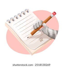 Cats cartoon paw holding pencil to write on paper notebook. Funny pet writing text on page of notepad or diary. Education, organizer mascot, cartoon notes of animals with pencil vector illustration