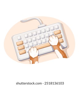 Cats cartoon paws press keys on computer keyboard. Funny pet legs typing text message, top view. Digital work, workplace mascot, cartoon kitten pushing buttons, using computer vector illustration