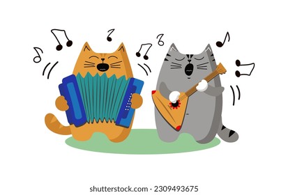  Cats cartoon Singing and plays the harmonica and balalaika. Cats  musicians. Animal, pet, musical instrument. Song, music. Vector illustration, background isolated.