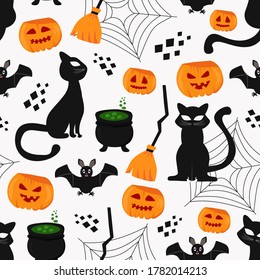 Cats, cauldron with potion, bats and Halloween pumpkins seamless vector pattern on white background background.