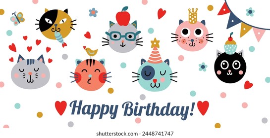 Сute cats is celebrating his birthday. Vector illustration on a transparent background.