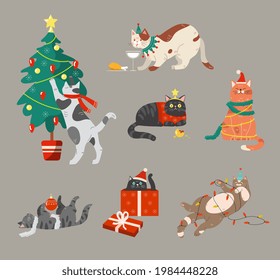 Cats celebrating winter holiday. Cute funny pets wearing costumes, playing, climbing Christmas tree and being naughty. Set of flat cartoon vector illustrations isolated on white background