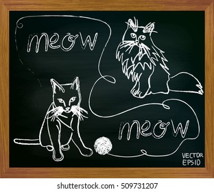 Cats. Chalk board. Sitting watching. Pet. Adoption. The game, a ball of yarn.