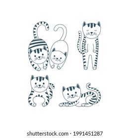 Сat. Cats characters outline hand drawn vector illustrations set. Kitten in different poses and scenes. Pets flat cartoon style drawing. Part of set.