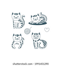 Сat. Cats characters outline hand drawn vector illustrations set. Kitten in different poses and scenes. Pets flat cartoon style drawing. Part of set.