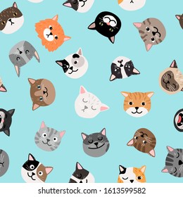 Cats characters pattern. Cute cat faces seamless pattern, colored painted kittens vector texture