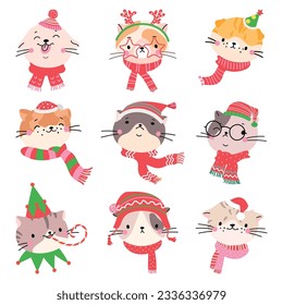 Cats christmas faces in holiday outfits. Cat avatars in santa hats and scarves. Xmas childish stickers, winter funny animals nowaday vector clipart