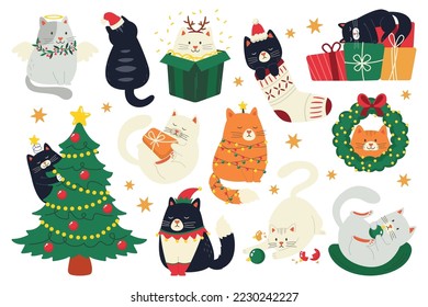 Cats   christmas flat icons set  Christmas interior elements  Winter house decorations and funny pets  Cozy holiday furniture  Evergreen tree  presents   warm socks  Color isolated illustrations
