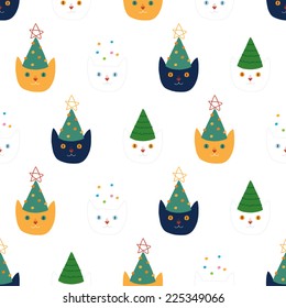 Cats In Christmas Tree Hats (seamless pattern)