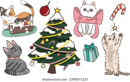 Cats and Christmas's time set 01. Christmas tree Elements Cute cat wearing costumes, playing. Set vector illustrations isolated on white background.