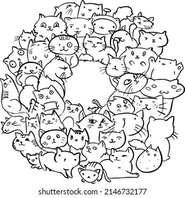 cats, circle, hand draw. Black vector illustration art