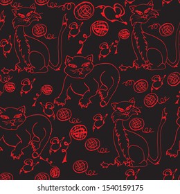 Cats with clews and mice. Hand-drawn seamless pattern. Bright outline, doodle.
