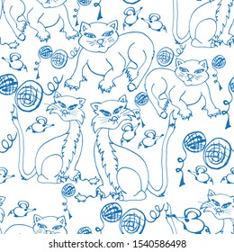 Cats with clews and mice. Hand-drawn seamless pattern. Bright outline, doodle.