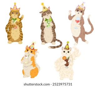 Gatos con cócteles. El gato sostiene una copa con champán, mai tai, mojito, pina colada, vino caliente en sus patas delanteras. Divertida Ilustración vectorial de dibujos animados para pegatinas, impresiones, diseño de invitaciones