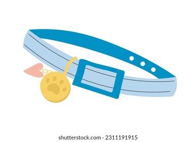 Cats collar with amulet concept. Paw print gold coin pet accessory and decoration. Domestic animals symbol. Template and mock up. Cartoon flat vector illustration isolated on white background