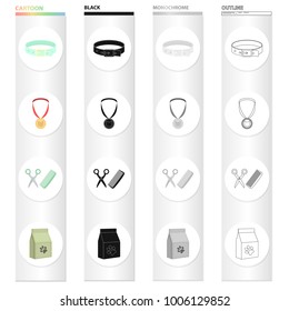 A cat's collar, a medal, a pair of scissors and a comb for a haircut, a package with food. Cat set collection icons in cartoon black monochrome outline style vector symbol stock illustration web.