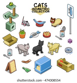 Cats collection, including toys, food and equipment for cats such as cat tree, cardboard boxes, water bowl, litter box. Isometric vector set.