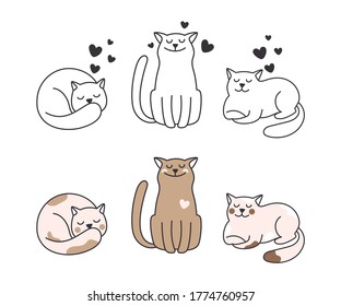 Cats collection. Line doodle kitten, cute isolated animals. Pets in love vector illustration