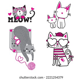 Cats collection vector design in a pocket, sitting and standing cats. For shirt or shorts