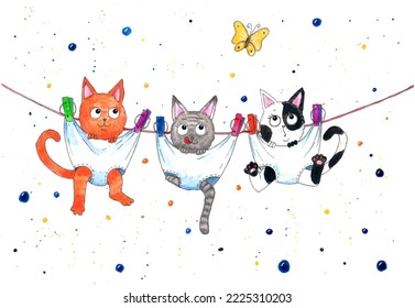 Cats. Color, graphic portrait of three cute kittens on a white background in watercolor style. Wall sticker. Digital Vector Graphics. 