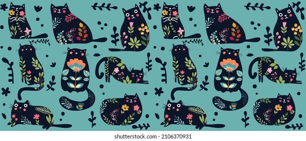 Cats and colorful decorative flowers. Vector seamless pattern