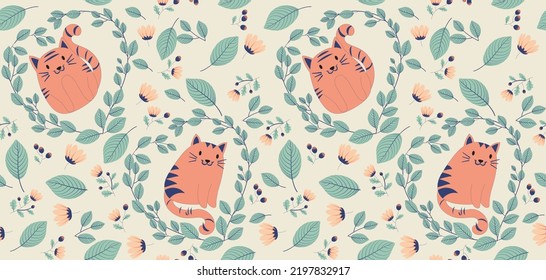 Cats and colorful decorative flowers. Vector seamless pattern