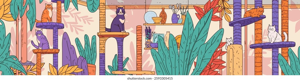 Cats in colorful room with plants cozy home interior with feline play towers various cats perched among lush foliage and pottery shelf art