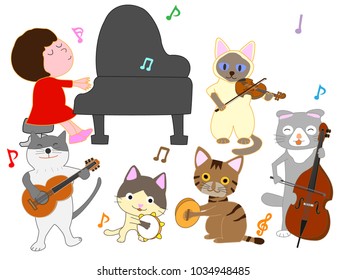 A cat's concert. A cat is playing an instrument.
