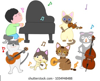 A cat's concert. A cat is playing an instrument.

